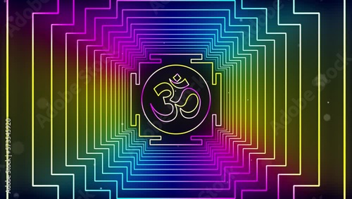 Abstract Colorful Glowing Omkara Devanagari Symbol In Light Sacred Geometric Square Neon Lines Frame Glitter Bokeh And Without Omkara, Seamless Loop photo