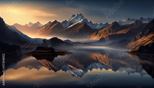 As the sun rises, a soft, warm light illuminates a pristine mountain range towering over a still and serene lake