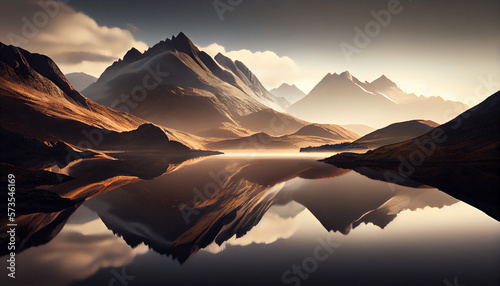 The quiet stillness of a glassy lake is enhanced by the soft, warm light of dawn illuminating a pristine mountain range