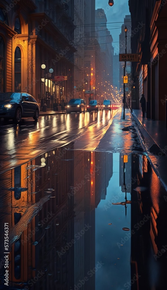 City street after the rain. Generative AI.