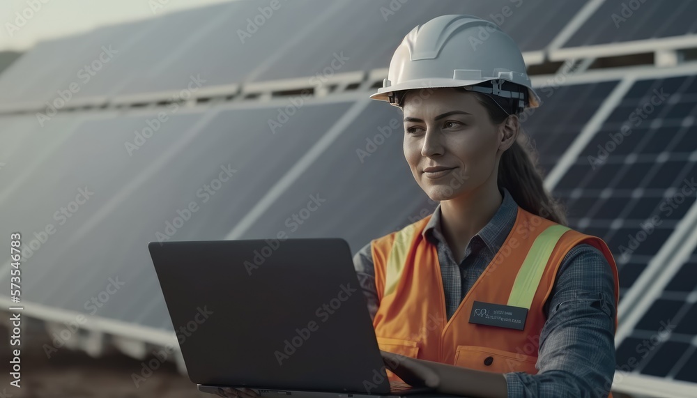 Solar panel company woman operator smiling while working on laptop Solar panel company woman operator smiling while working on laptop