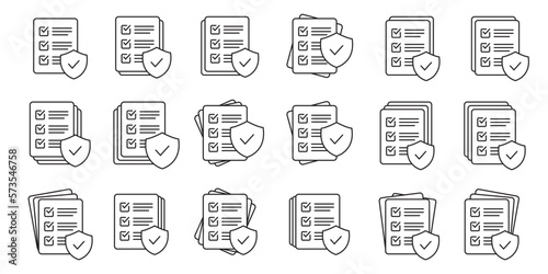 Checklist and shield line icon, Insurance policy concept, data document security, vector icon.