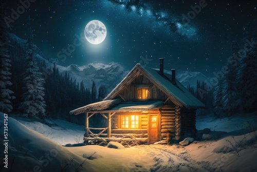 Romantic scene of illuminated cottage in winter made with Generative AI