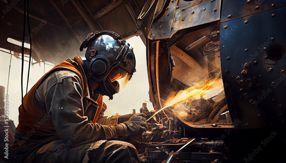 Skillful metal worker working with plasma welding machine in army workshop wearing safety equipment. Repair of a combat helicopter damaged in battle.