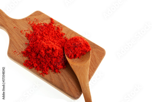Paprika oleoresin or paprika red pepper extract, colouring and flavouring in food products. Food additive E160c. Red pigment powder. Extract from fruits of Capsicum annuum or Capsicum frutescens