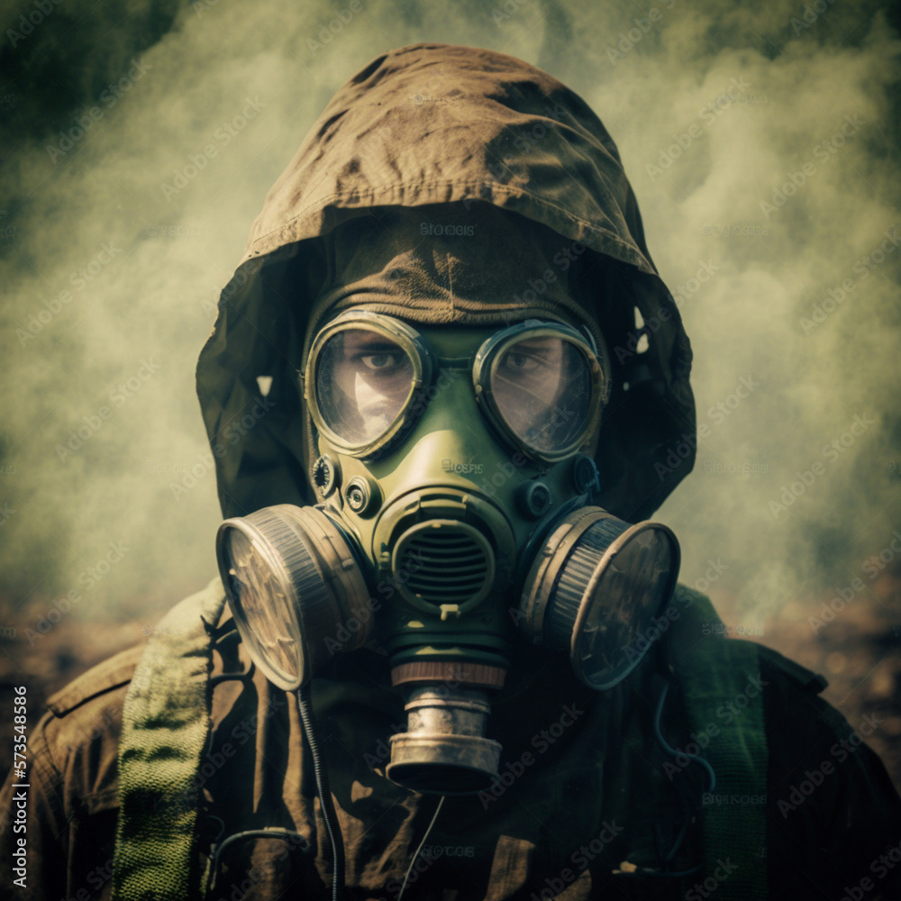 ガスマスクをつけた男、核戦争と環境災害、放射能の大惨事、軍用機器..