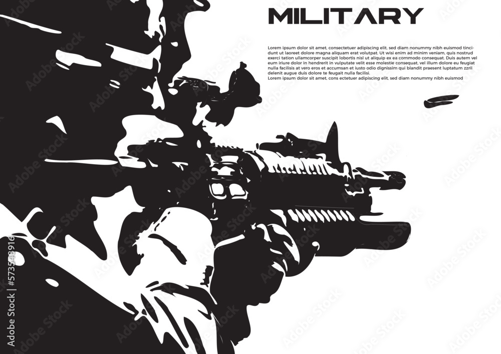Slhouettes of military man shooting and exiting the bullet from the machine gun