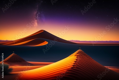 Sunset in the desert with stars in the sky