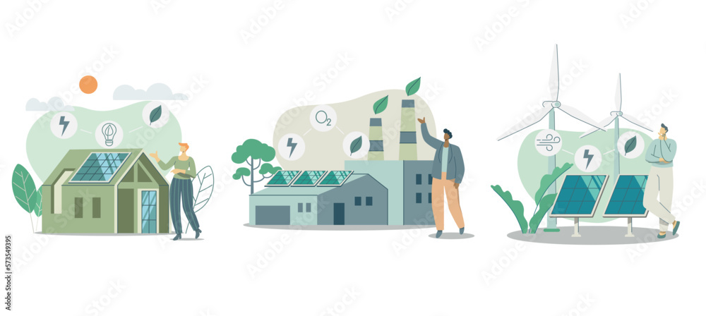 Set of sustainable, House with solar panels, Environmental protection factory. Wind Turbine Generates Electricity Conserves Nature,
Ecological life alternative energy. Vector illustration.