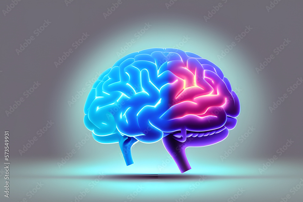 3d rendered illustration of human brain, left right, glowing, generative AI 3d rendered illustration of human brain, left right, glowing, generative AI