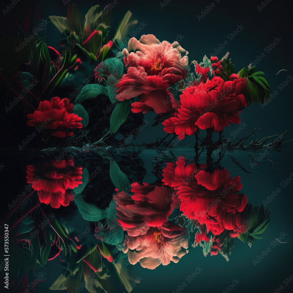 Red flowers reflected in water Illustration AI Generative Red flowers reflected in water Illustration AI Generative