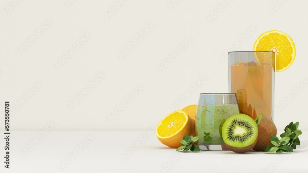 healthy concept and Healthy food, fruits and vegetables and orange fruits, green apples and kiwis and fruit juices on a white chromakey background. spinning animation looping. 3d rendering