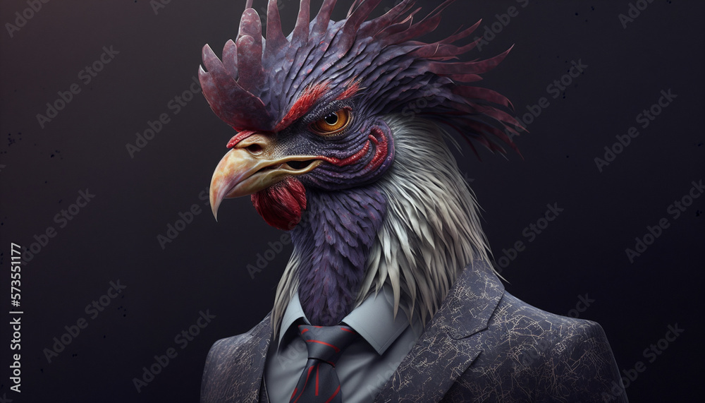 Portrait of cock dressed in a business suit on isolated background. Generative AI