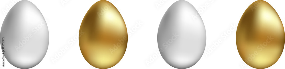 Set of gold and silver eggs on transparent background. Realistic vector Easter eggs for your design. Stock PNG image
