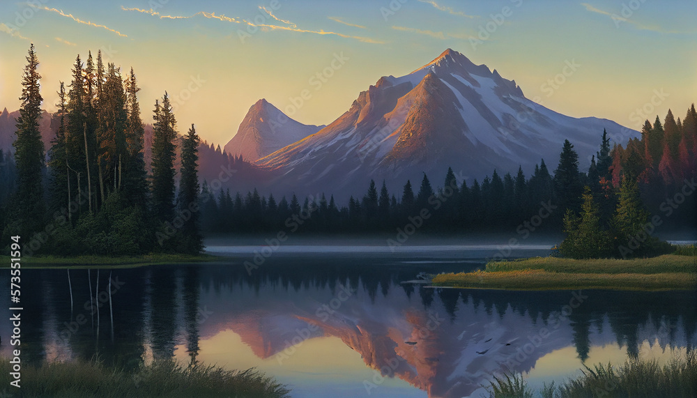 A mountain range, pristine and tall, is bathed in soft, warm light as the sun rises over a still and tranquil lake