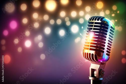 Retro style microphone on a stage with bokeh lights in background. generative ai. Microphone
