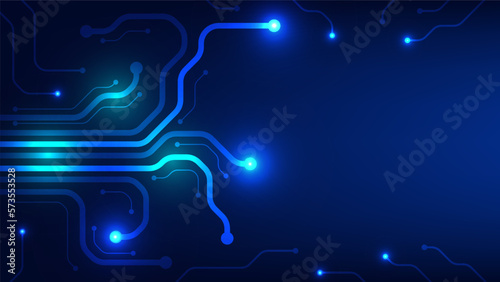 Hi tech digital circuit board. AI pad and electrical lines connected on blue lighting background. futuristic technology design element concept