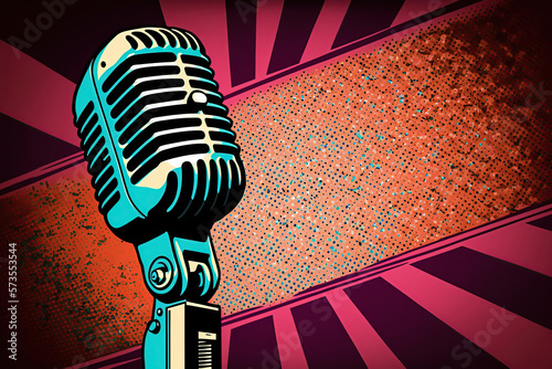 Retro style microphone on a stage with comic background. generative ai. Microphone