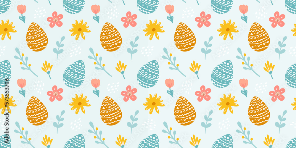 Easter seamless pattern with eggs, flowers and plants on blue background. Vector flat illustration
