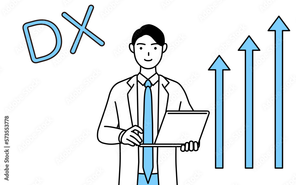 DXのイメージ、業務改善に成功した白衣を着た男性医師