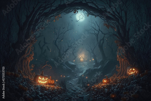 Halloween forest background. Illustration AI Generative