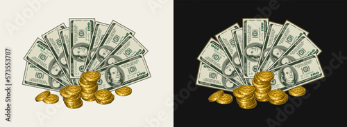 US 100 dollar bills fan with stacks of gold coins, dollar sign. Cash money. Concept of success and lucky investment. Illustration on black, white background.