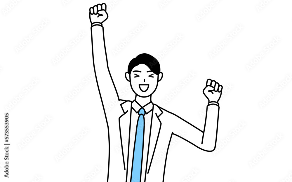 笑顔でジャンプする白衣を着た男性医師