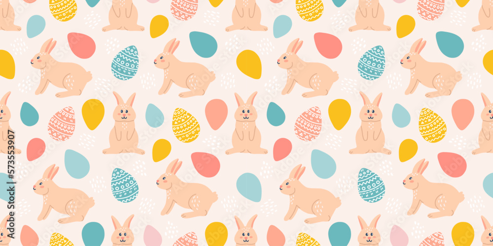 Easter bunnies, multicolored eggs, vector seamless pattern