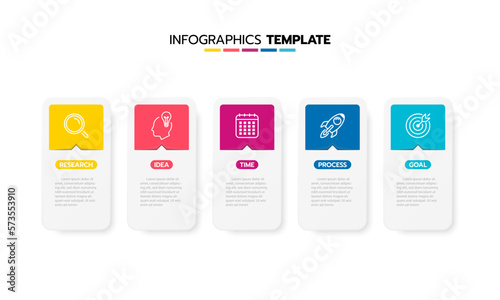 Business infographic template process with simple geometry square, rectangle, circle, triangle, curves in flat design template with thin line icons and 5 options or steps. Vector illustration.