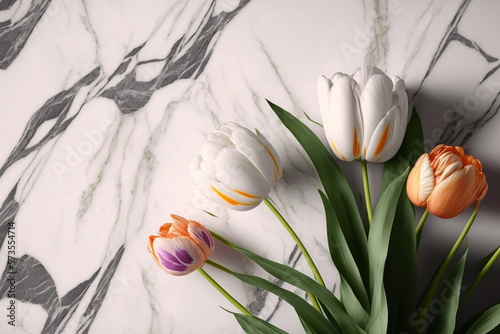Wallpaper Mural Tulips on white marble background, Generated AI Torontodigital.ca