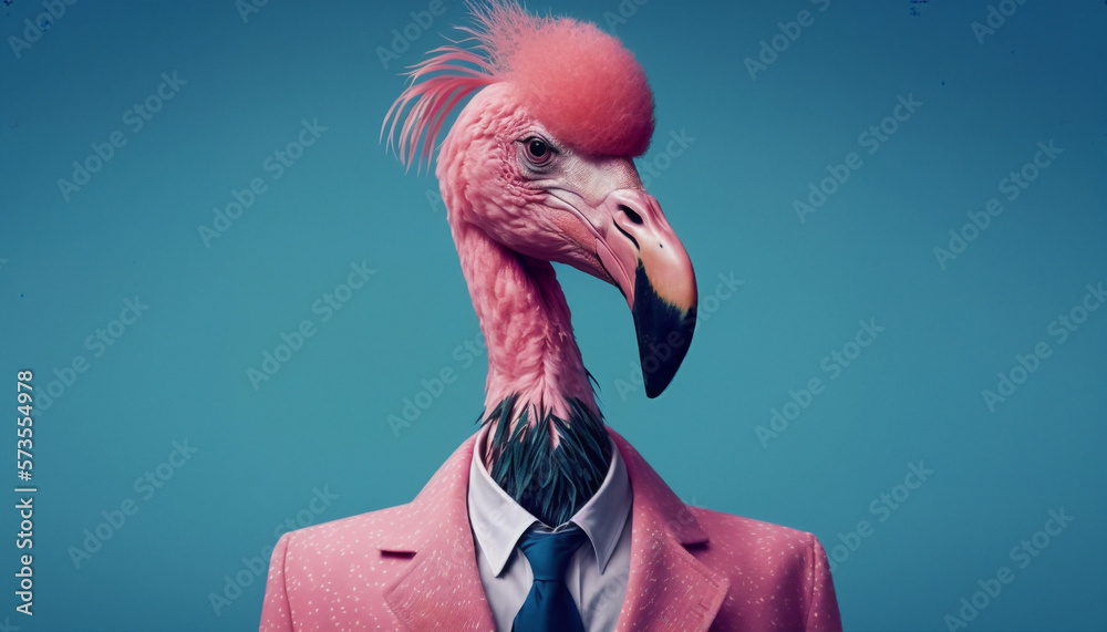 Portrait of a pink flamingo dressed in a formal business suit on isolated blue background, stylish modern wallpaper, screensaver. Generative AI