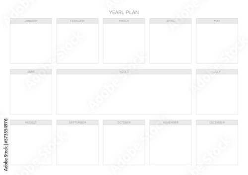 A year goal plan template with a simple and minimal style. Note, scheduler, diary, calendar planner document template illustration.