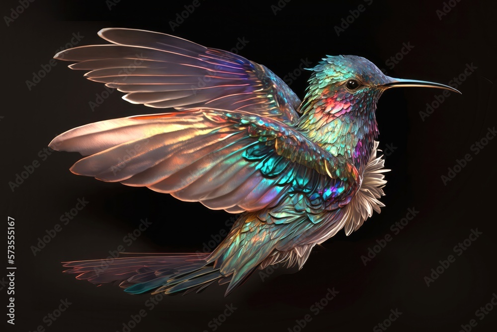 Fototapeta premium Hummingbird glowing light art bird sparkle background, glow bright fantasy magic beautiful neon shine design Generative AI