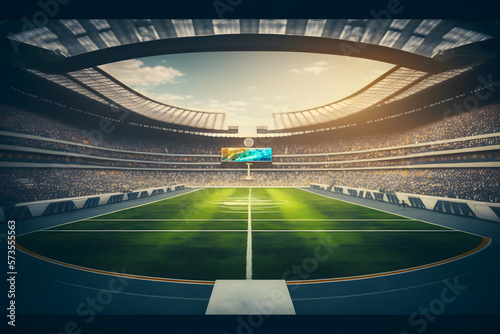 Daytime view of an empty American football stadium ahead of the game, no spectators. Generative AI