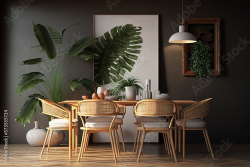 Dining room wall mock up with Areca palm  rattan dining set  wooden table on wooden floor. 3d illustration