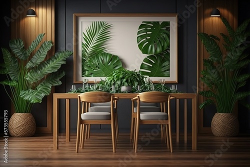 Dining room wall mock up with Areca palm, rattan dining set, wooden table on wooden floor. 3d illustration