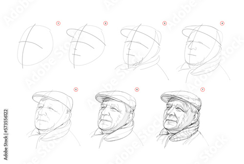 Page shows how to learn to draw sketch a portrait of old happy man. Pencil drawing lessons. Educational page for artists. Textbook for developing artistic skills. Online education. Vector illustration photo