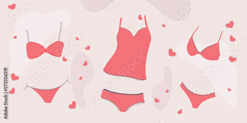 Set. romantic underwear collection of panties and bras. The concept of sensuality and femininity. Vector illustration