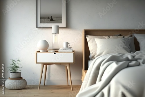 Minimal bedroom wall mock up with wooden side table on wooden floor