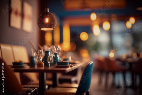 Empty Chairs And Tables In Blurred Restaurant. Generative AI