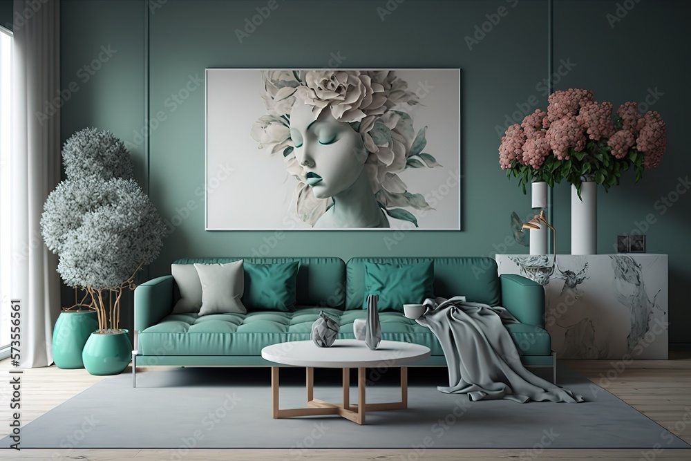With a mint sofa, pillow, coffee table, flowers, books, sculpture, and  exquisite accessories, this living room is stylish and minimalist. The  color scheme of eucalyptus. Template for interior design ilustración de  Stock