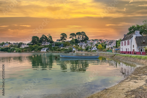Brittany, Ile aux Moines island in the Morbihan gulf, the typical harbor in summer, sunset
