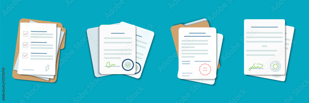 Set of office documents with folder in a flat design