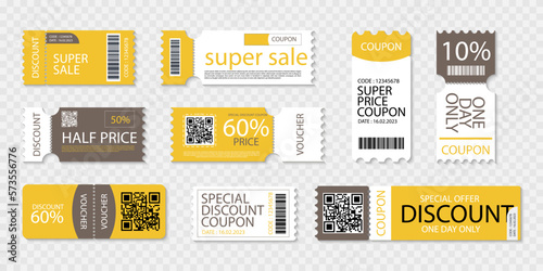Coupon template collection. Set of sale voucher with shadow