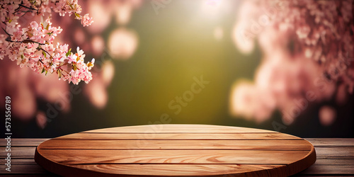 Empty wooden table top product display showcase stage with spring cherry blossom background. Generative ai photo