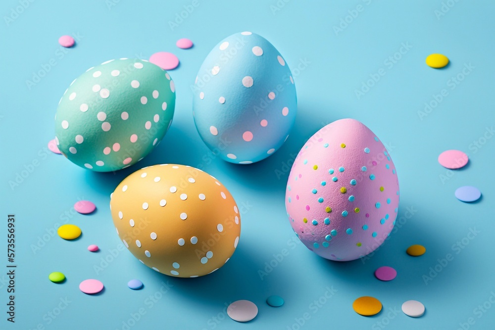 Pastel Easter eggs on blue background top view. Generative AI