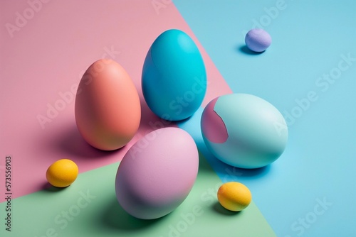 Easter eggs with pastel decoration on blue background. AI generated
