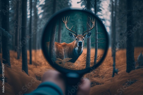 Print op canvas Deer in the forest view through the sight of a hunter