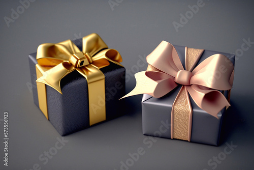 Beautiful gift boxes with bow on grey background, closeup view. Generative AI