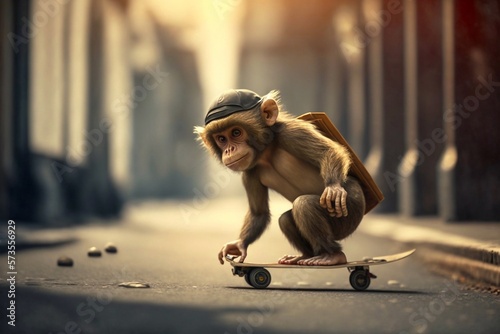 Fototapeta Monkey riding a skateboard in the street. Generative AI